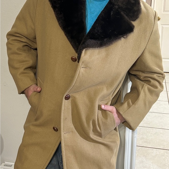Timeless Tan and Black Pea Coat with Fur Collar